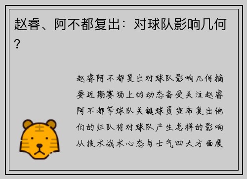 赵睿、阿不都复出：对球队影响几何？